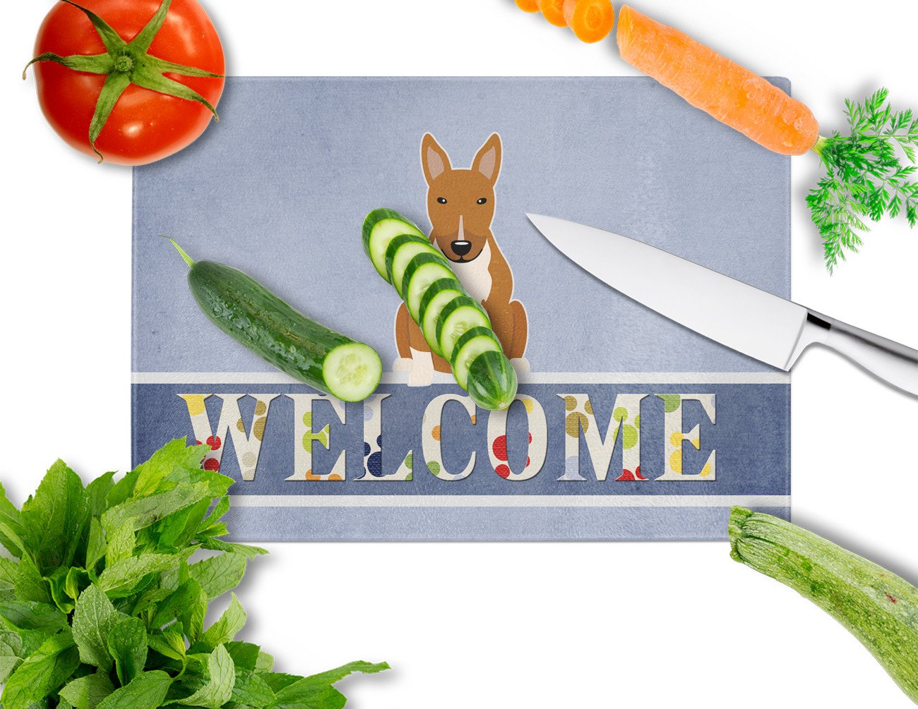 Bull Terrier Red Welcome Cutting Board Tempered Glass Kitchen Cutting Surface, Heat Resistant Chopping, Non-Slip Feet, Food Prep & Serving