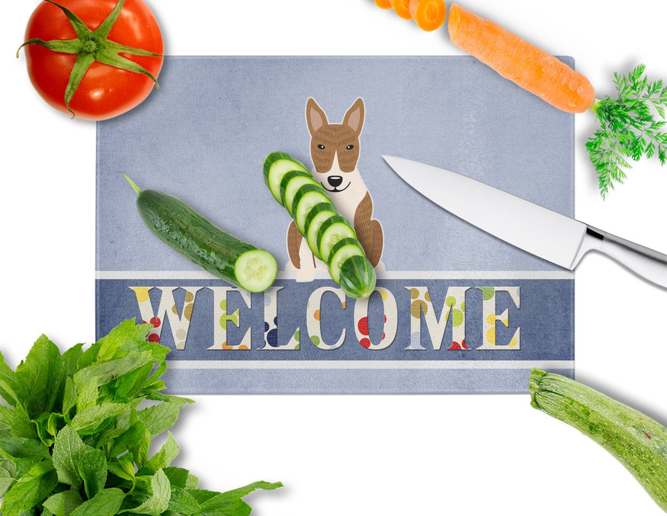 Bull Terrier Brindle Welcome Cutting Board Tempered Glass Kitchen Cutting Surface, Heat Resistant Chopping, Non-Slip Feet, Food Prep & Serving
