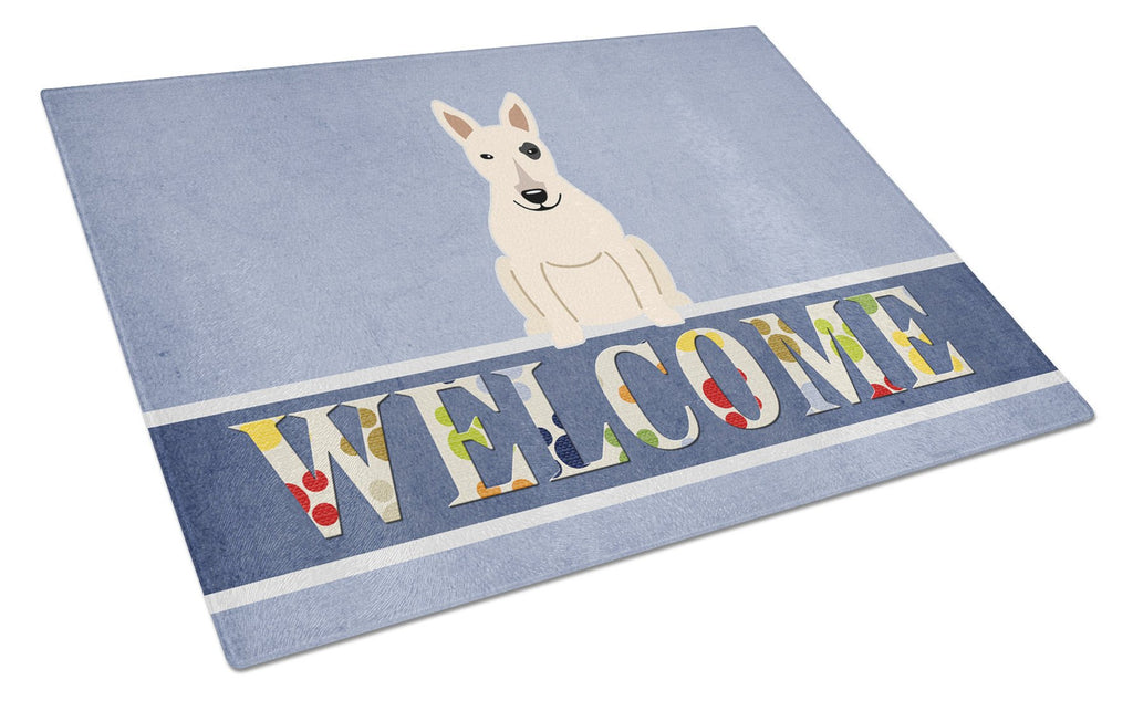 Bull Terrier White Welcome Cutting Board Tempered Glass Kitchen Cutting Surface, Heat Resistant Chopping, Non-Slip Feet, Food Prep & Serving