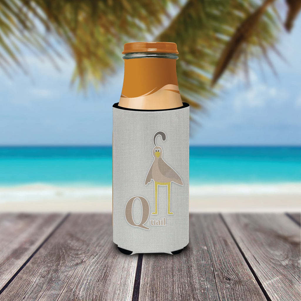 Alphabet Q for Quail Slim Can Hugger , Insulated Foam Hugger for 12 oz Slim Cans, Beer Bottles & Water Bottles, Printed in USA