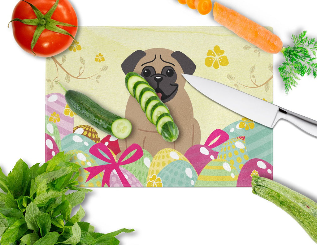 Easter Eggs Pug Brown Cutting Board Tempered Glass Kitchen Cutting Surface, Heat Resistant Chopping, Non-Slip Feet, Food Prep & Serving