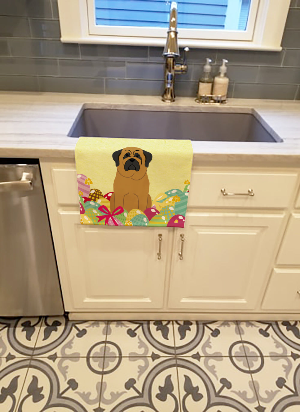 Easter Eggs Mastiff Kitchen Towel Velour Plush Front and Cotton Loop Back Machine Washable