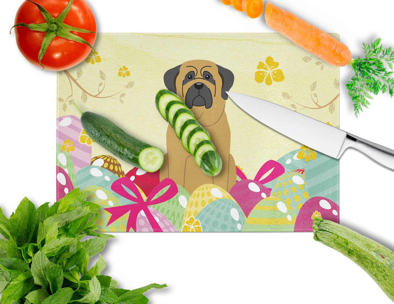 Easter Eggs Mastiff Cutting Board Tempered Glass Kitchen Cutting Surface, Heat Resistant Chopping, Non-Slip Feet, Food Prep & Serving
