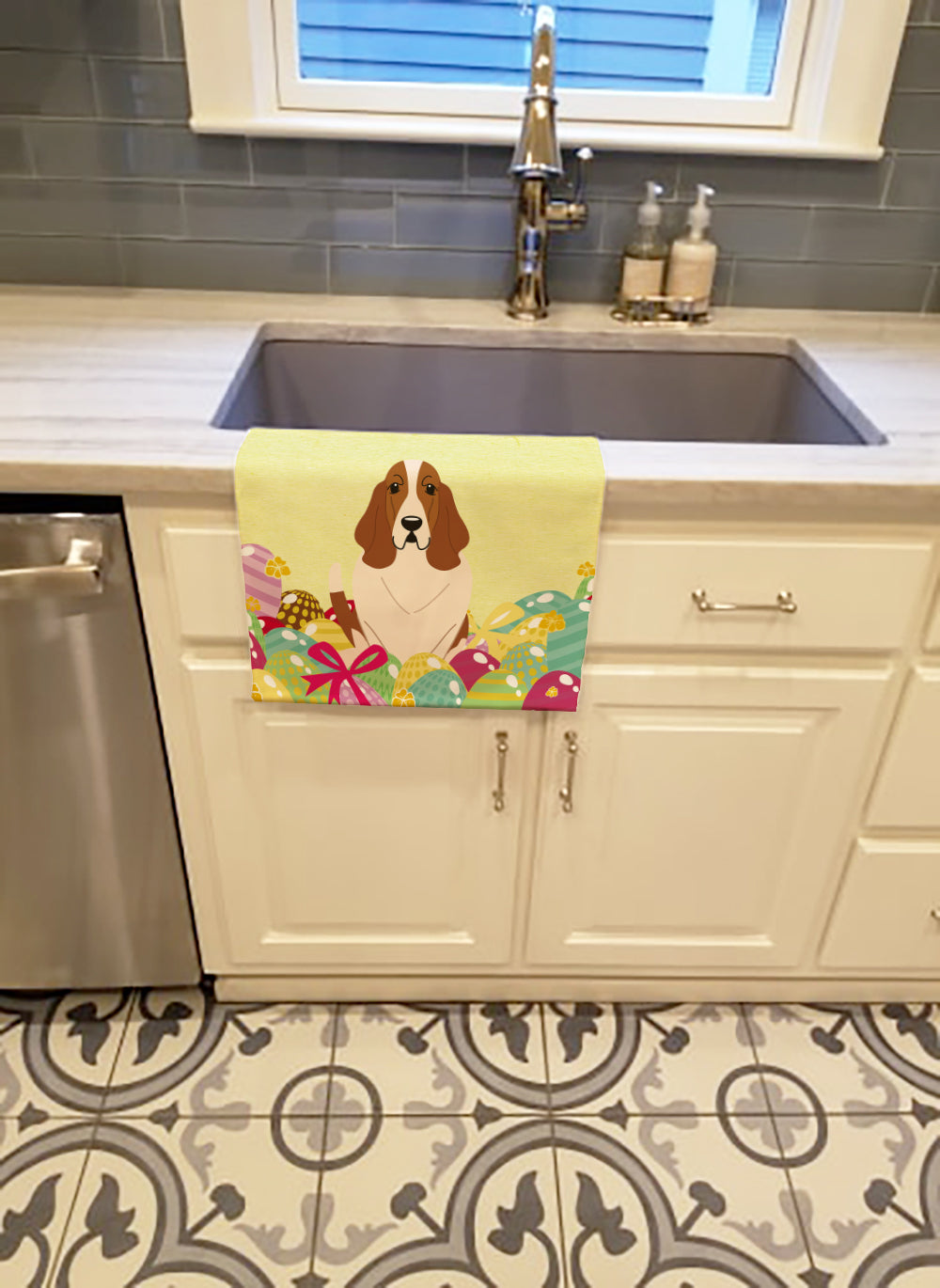 Easter Eggs Basset Hound Kitchen Towel Velour Plush Front and Cotton Loop Back Machine Washable