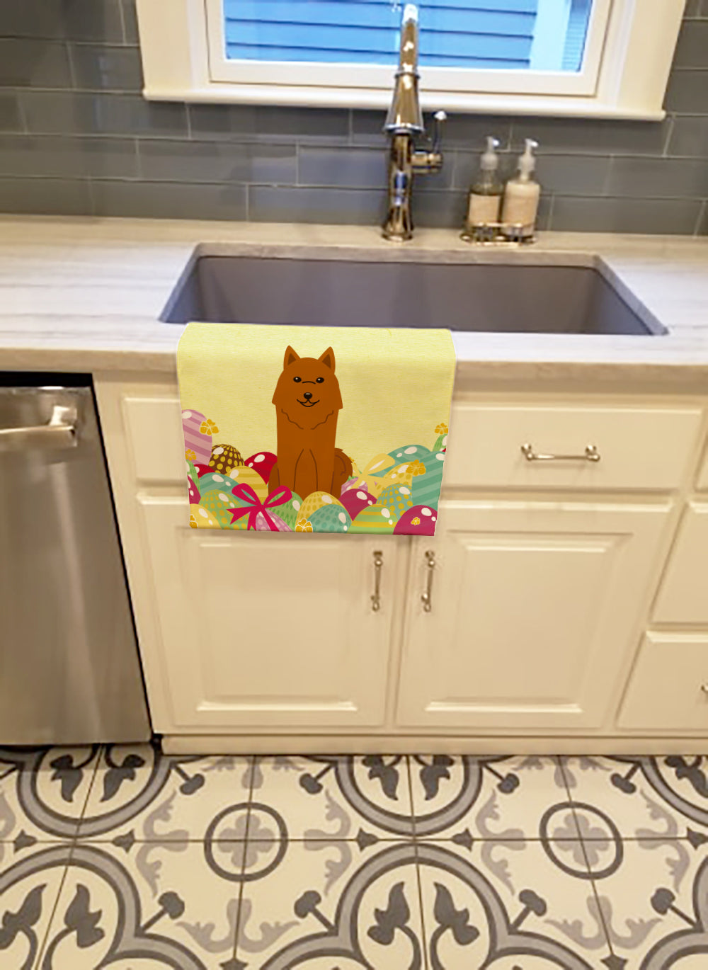 Easter Eggs Karelian Bear Dog Kitchen Towel Velour Plush Front and Cotton Loop Back Machine Washable