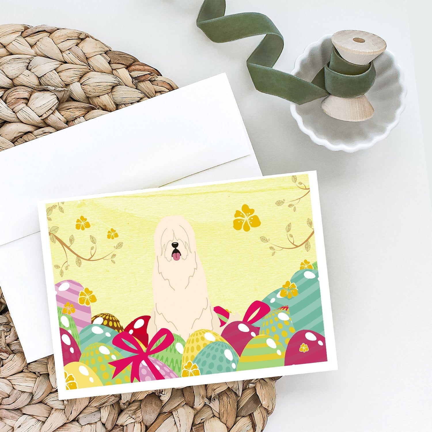 Easter Eggs South Russian Sheepdog Greeting Cards Pack of 8 Blank Cards with Envelopes Whimsical A7 Size 5x7