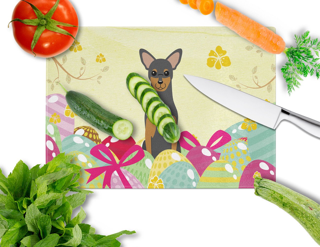 Easter Eggs Manchester Terrier Cutting Board Tempered Glass Kitchen Cutting Surface, Heat Resistant Chopping, Non-Slip Feet, Food Prep & Serving