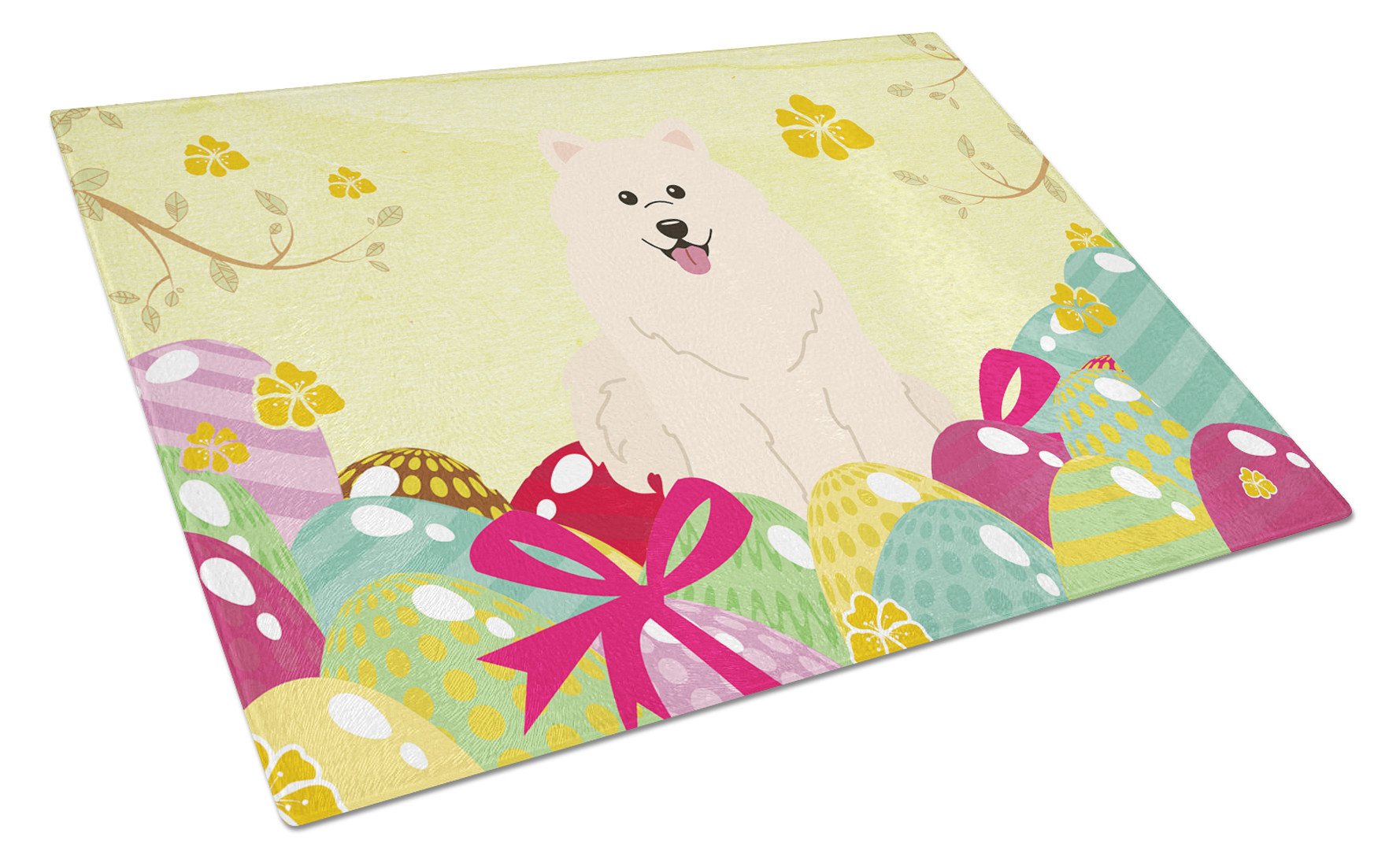 Easter Eggs Samoyed Cutting Board Tempered Glass Kitchen Cutting Surface, Heat Resistant Chopping, Non-Slip Feet, Food Prep & Serving