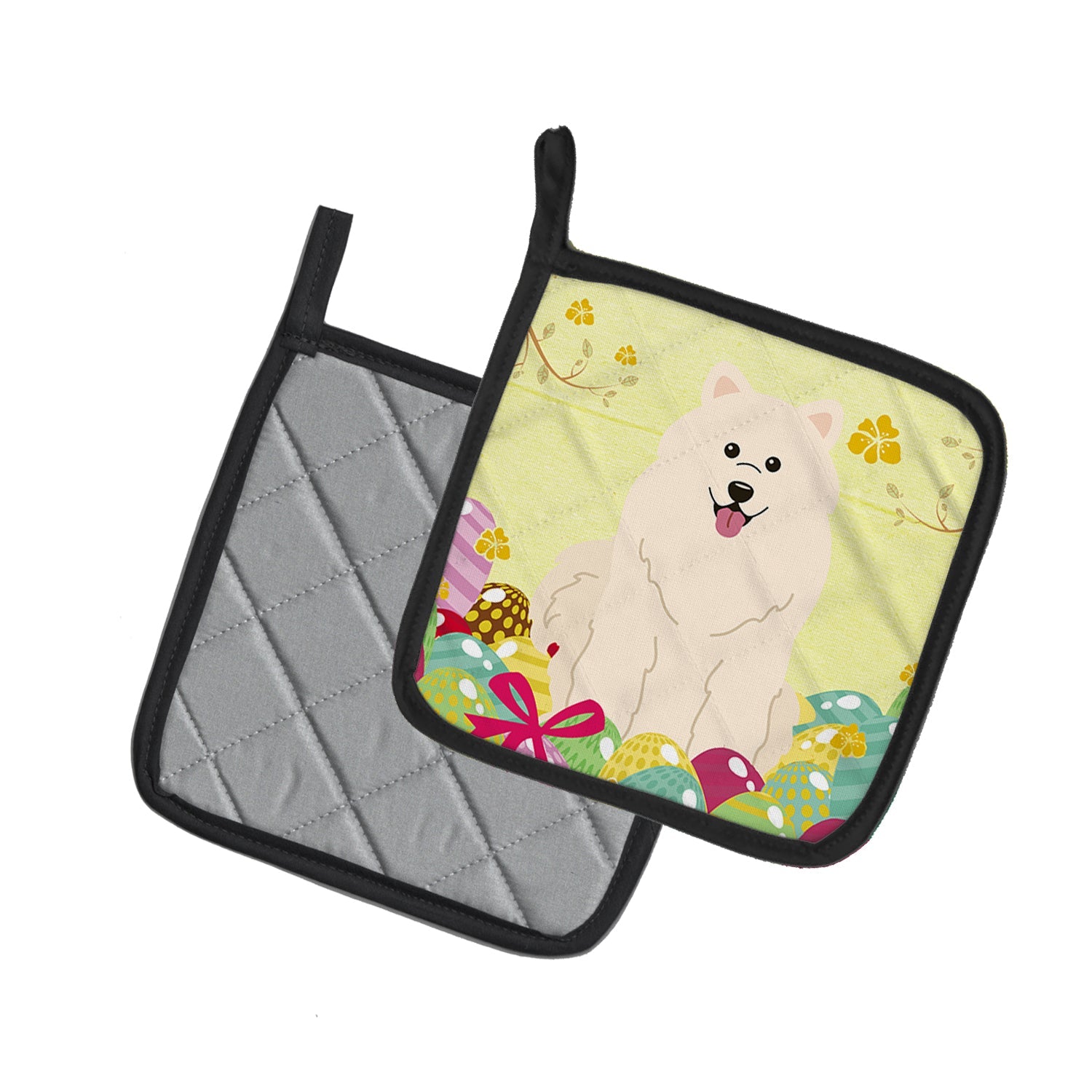 Easter Eggs Samoyed Pot Holder Set of 2 Heat Resistant Quilted Hot Pads 7.5 x 7.5 Inch, Insulated Kitchen Trivets for Cooking & Baking
