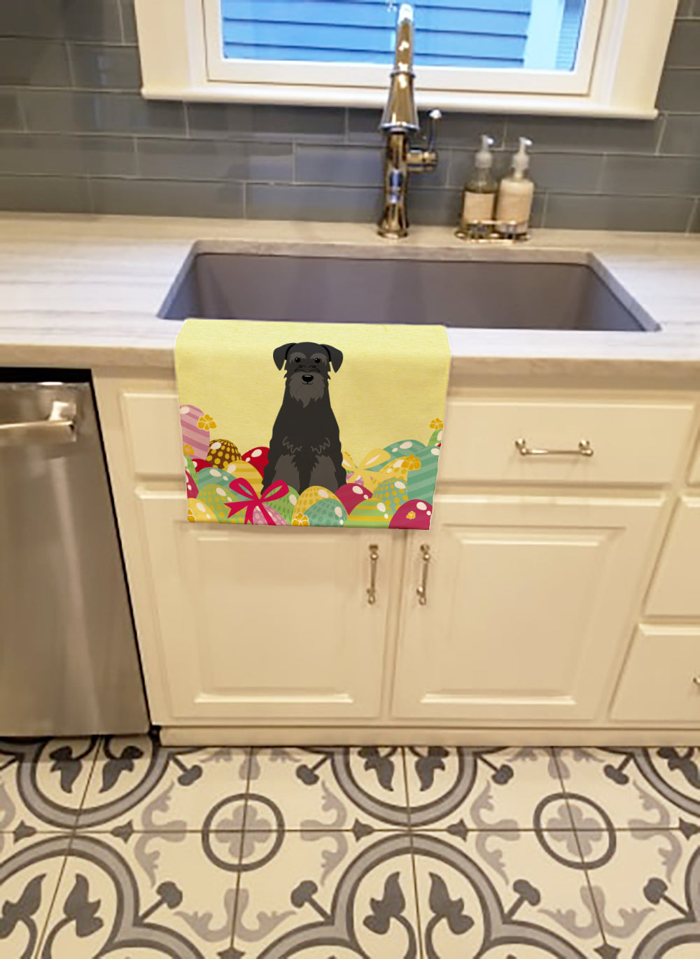 Easter Eggs Standard Schnauzer Black Kitchen Towel Velour Plush Front and Cotton Loop Back Machine Washable
