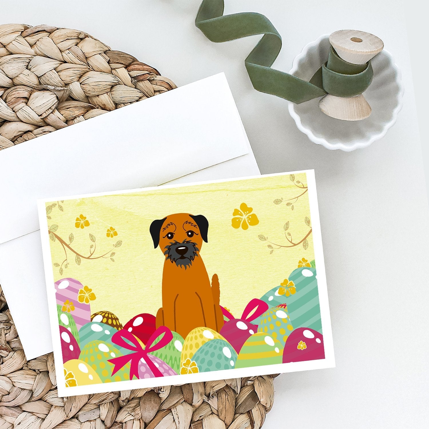 Easter Eggs Border Terrier Greeting Cards Pack of 8 Blank Cards with Envelopes Whimsical A7 Size 5x7