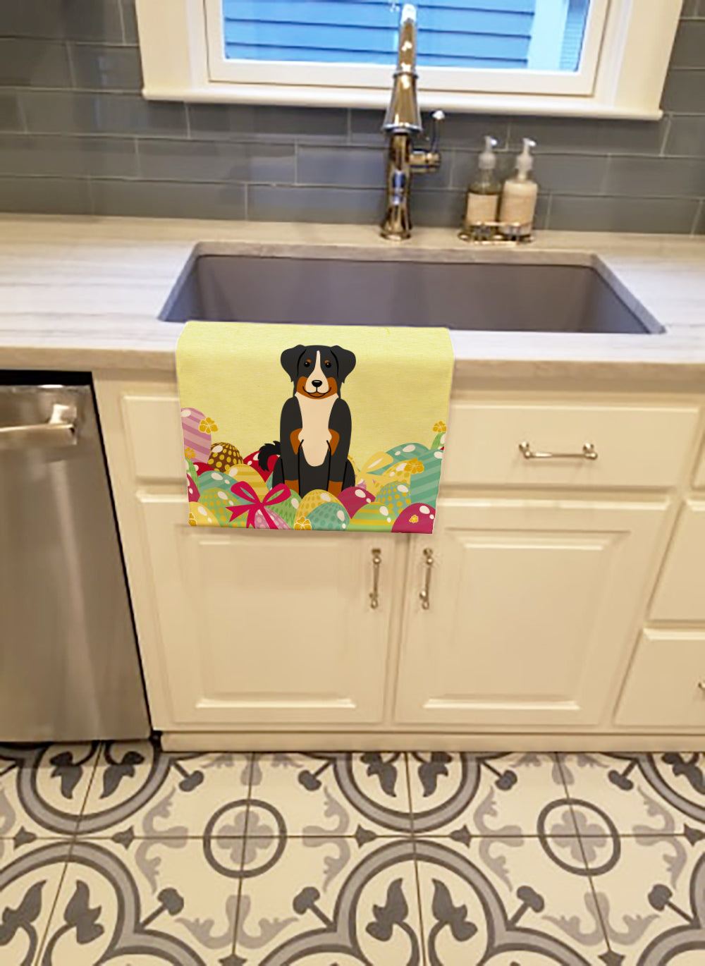 Easter Eggs Appenzeller Sennenhund Kitchen Towel Velour Plush Front and Cotton Loop Back Machine Washable