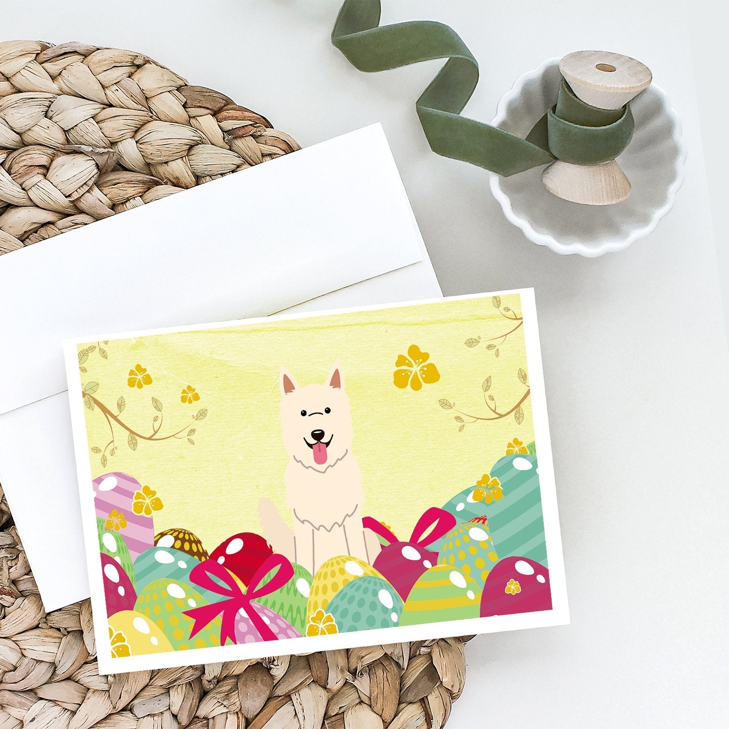 Easter Eggs White German Shepherd Greeting Cards Pack of 8 Blank Cards with Envelopes Whimsical A7 Size 5x7