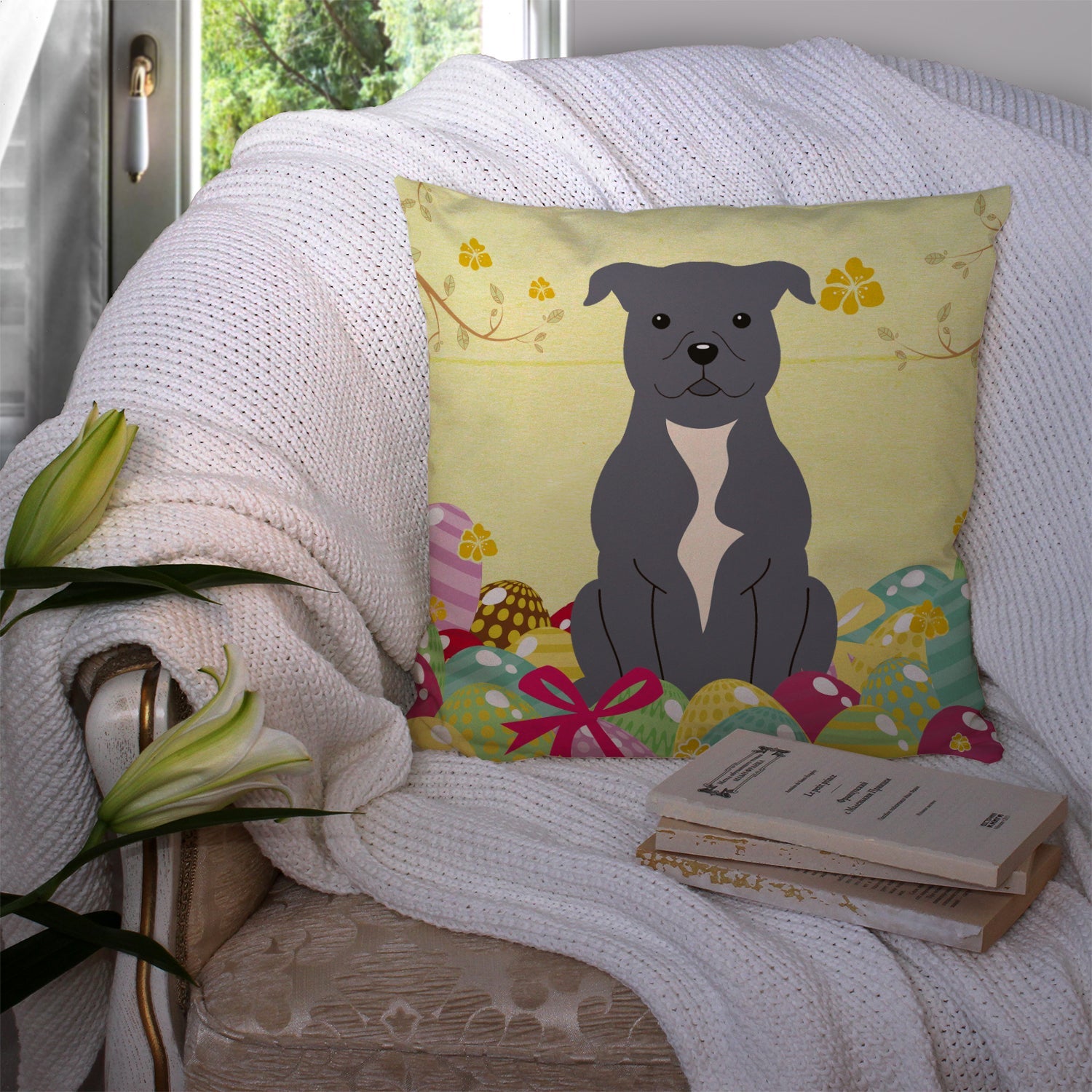 Easter Eggs Staffordshire Bull Terrier Blue Decorative Throw Pillow 14x14 Indoor Outdoor Accent Cushion, Fabric Cover with Insert for Sofa, Bed, Porch & Living Room