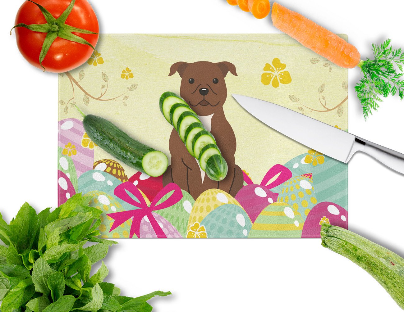 Easter Eggs Staffordshire Bull Terrier Chocolate Cutting Board Tempered Glass Kitchen Cutting Surface, Heat Resistant Chopping, Non-Slip Feet, Food Prep & Serving