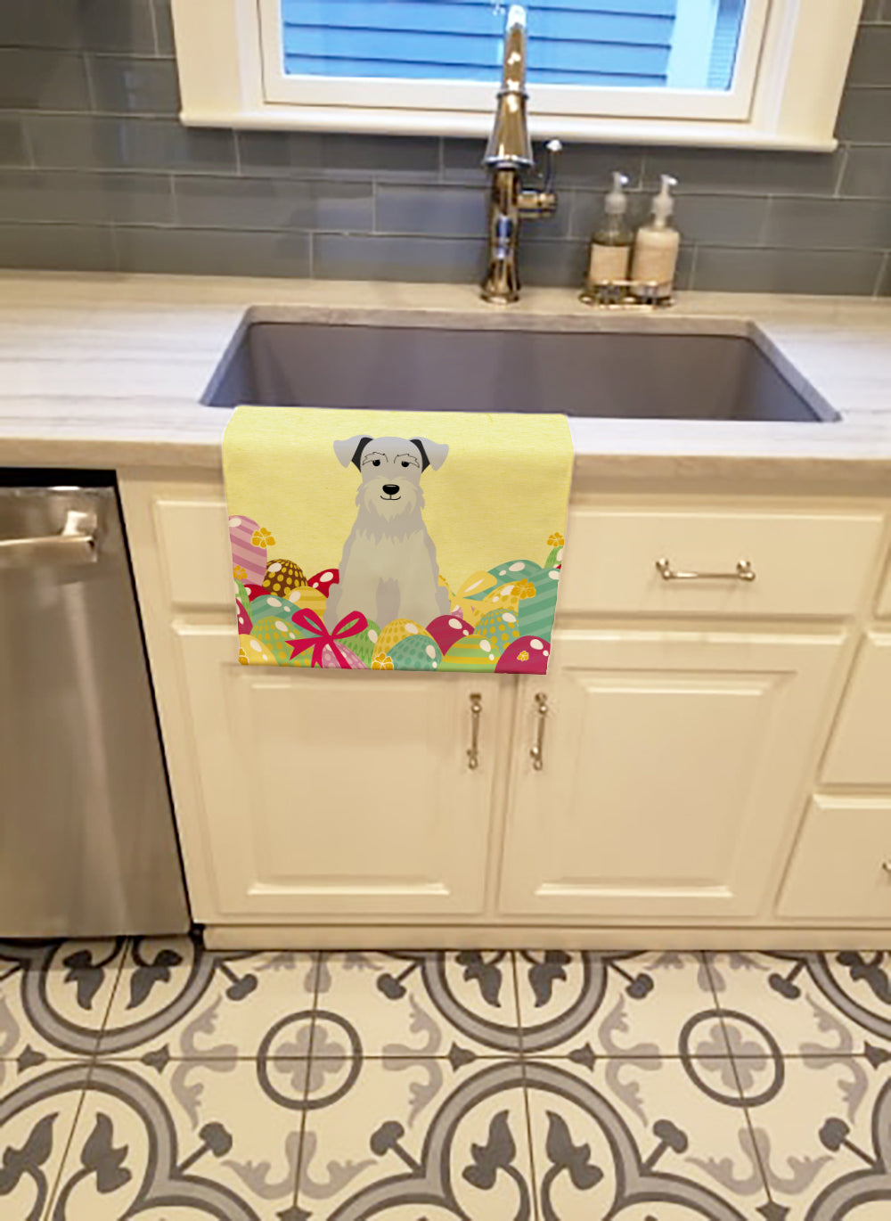 Easter Eggs Miniature Schnauzer White Kitchen Towel Velour Plush Front and Cotton Loop Back Machine Washable