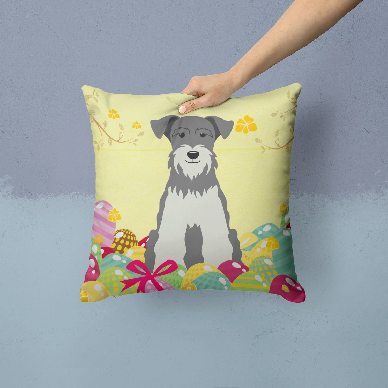 Easter Eggs Miniature Schnauzer Salt and Pepper Decorative Throw Pillow 14x14 Indoor Outdoor Accent Cushion, Fabric Cover with Insert for Sofa, Bed, Porch & Living Room