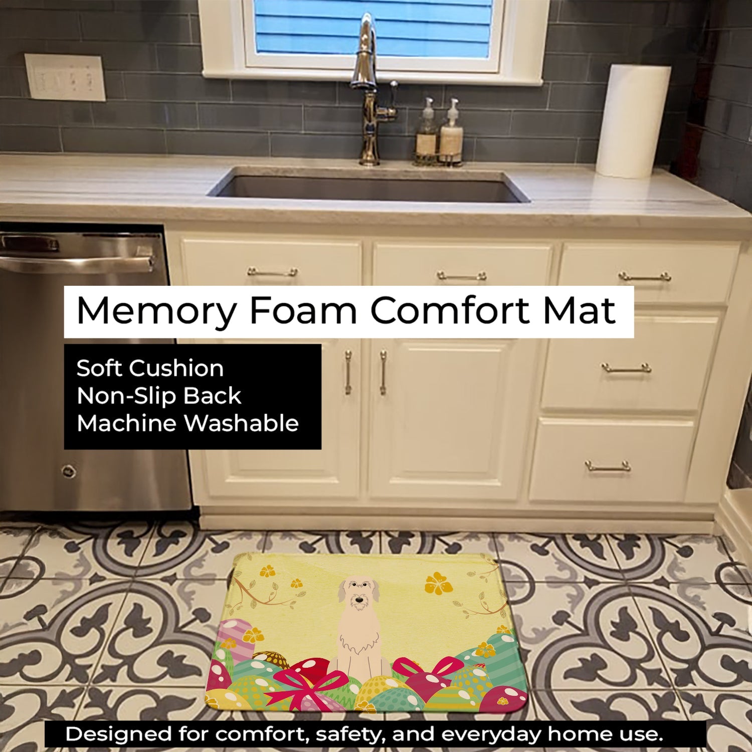 Easter Eggs Irish Wolfhound Memory Foam Kitchen Mat Machine Washable Anti-Fatigue Cushion Comfort Bath or Kitchen Rug