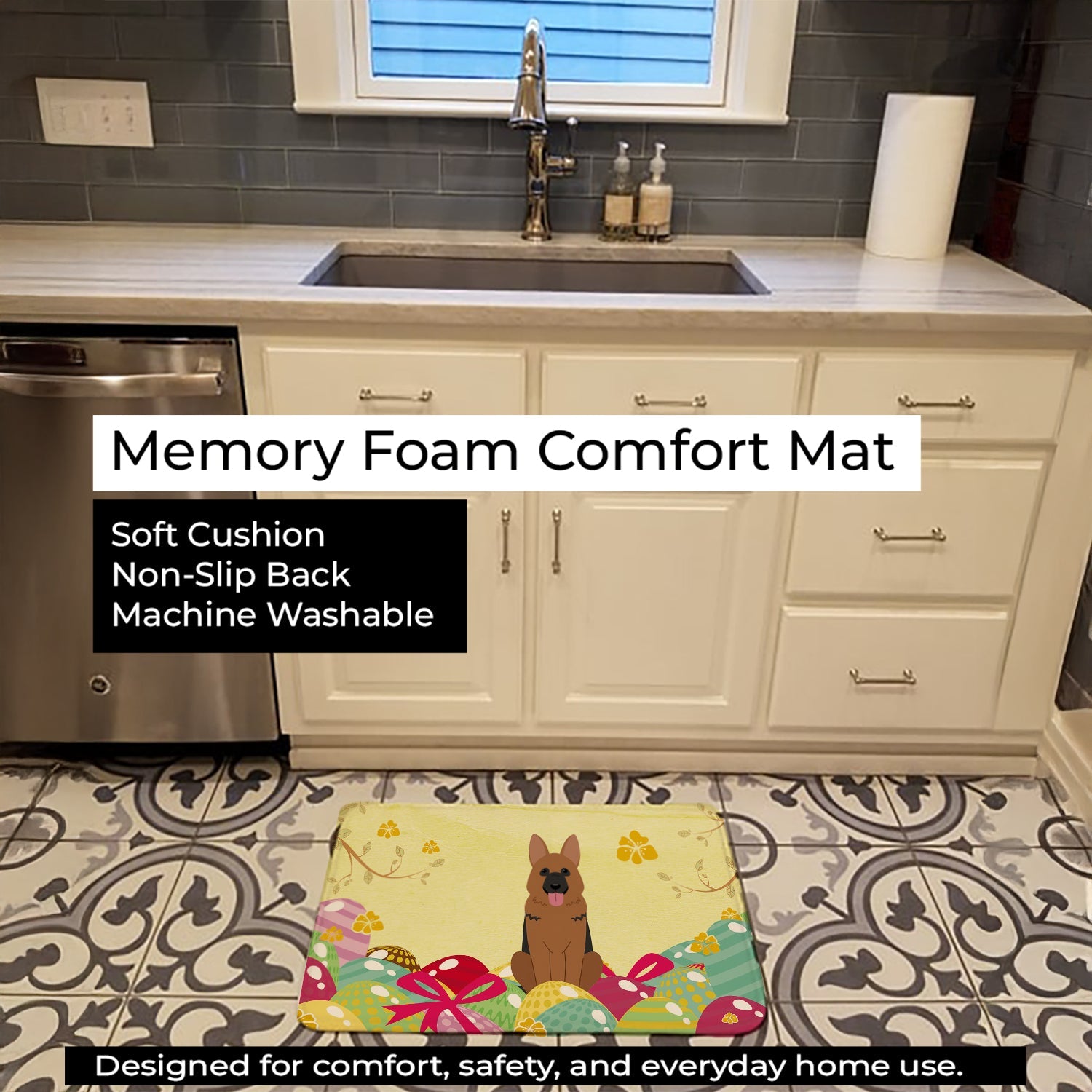 Easter Eggs German Shepherd Memory Foam Kitchen Mat Machine Washable Anti-Fatigue Cushion Comfort Bath or Kitchen Rug