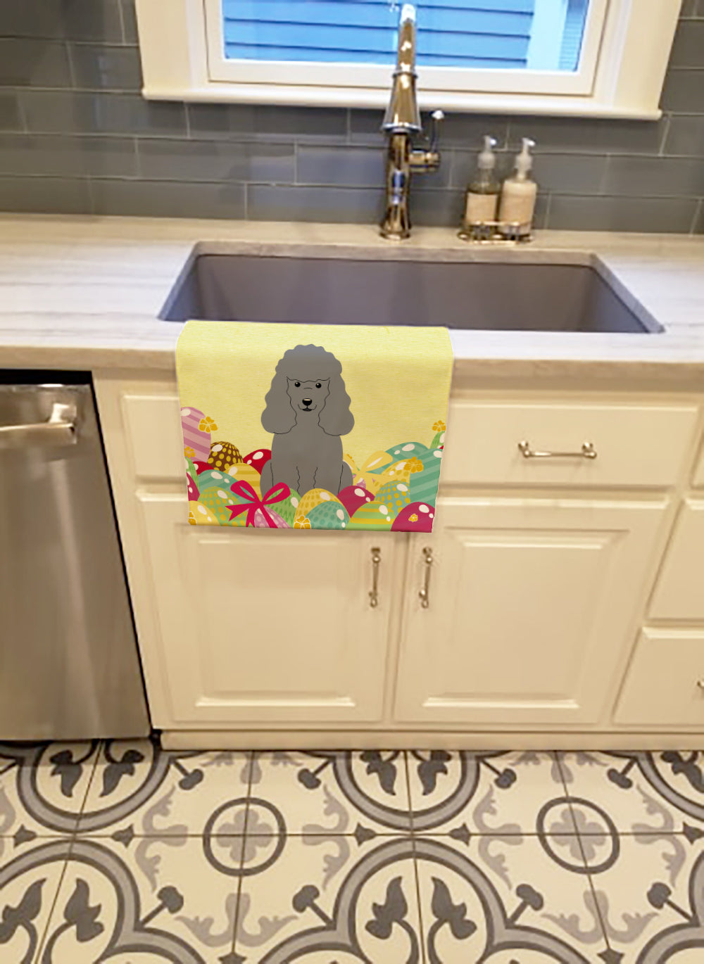 Easter Eggs Poodle Silver Kitchen Towel Velour Plush Front and Cotton Loop Back Machine Washable