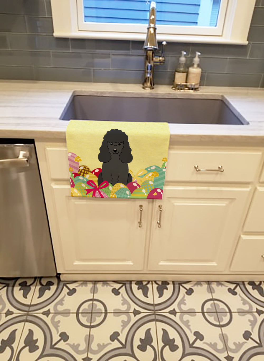 Easter Eggs Poodle Black Kitchen Towel Velour Plush Front and Cotton Loop Back Machine Washable