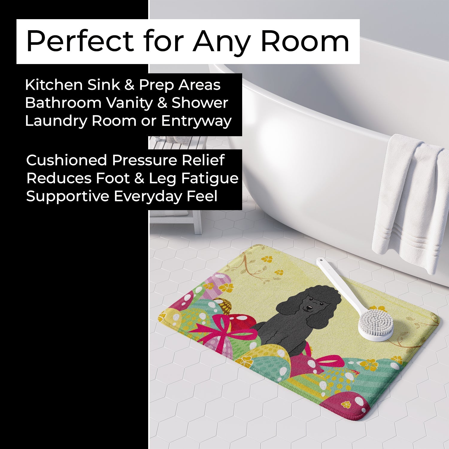 Easter Eggs Poodle Black Memory Foam Kitchen Mat Machine Washable Anti-Fatigue Cushion Comfort Bath or Kitchen Rug