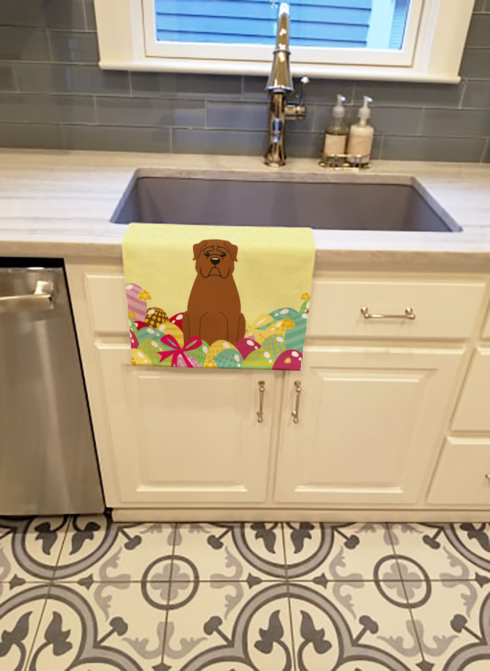 Easter Eggs Dogue de Bourdeaux Kitchen Towel Velour Plush Front and Cotton Loop Back Machine Washable