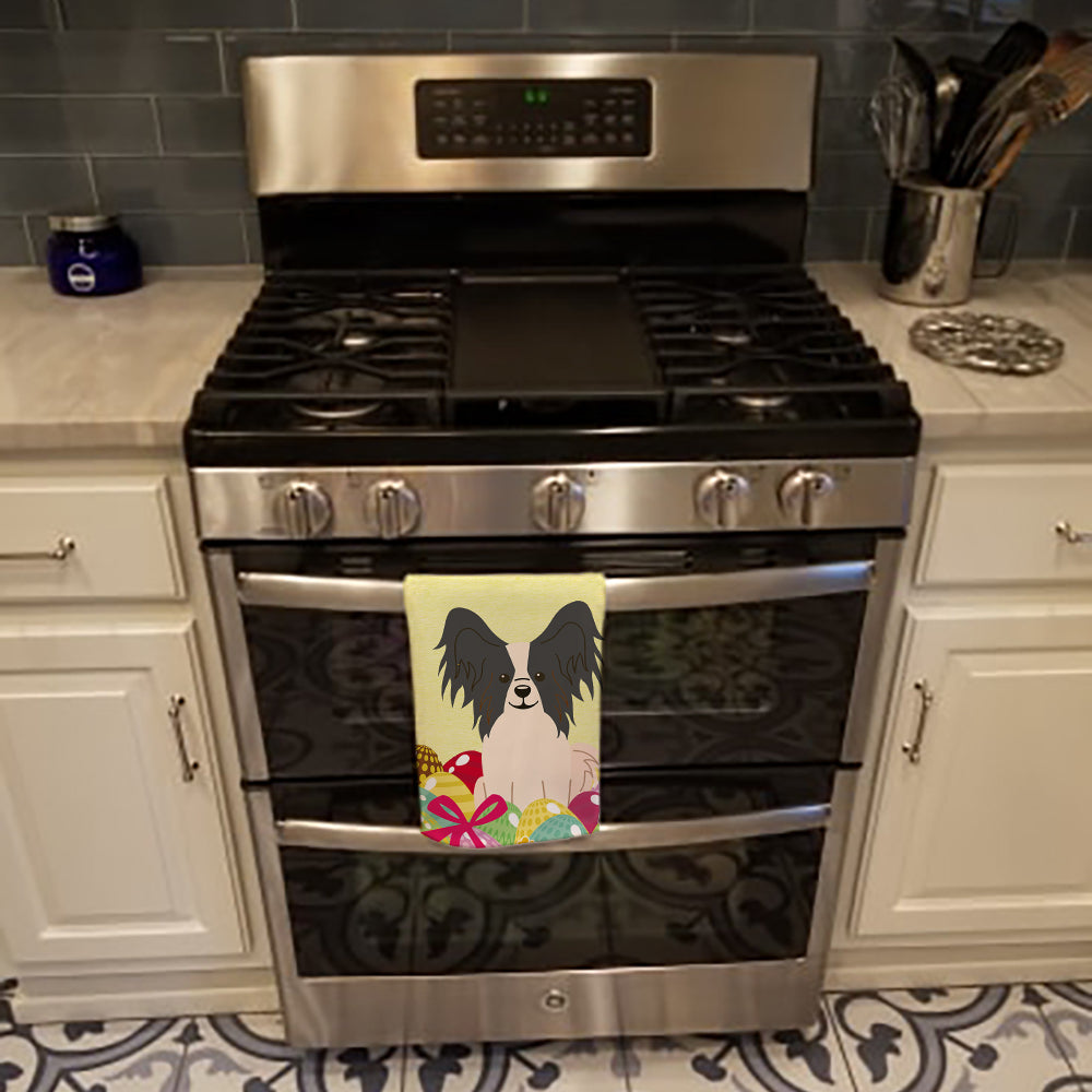 Easter Eggs Papillon Black White Kitchen Towel Velour Plush Front and Cotton Loop Back Machine Washable