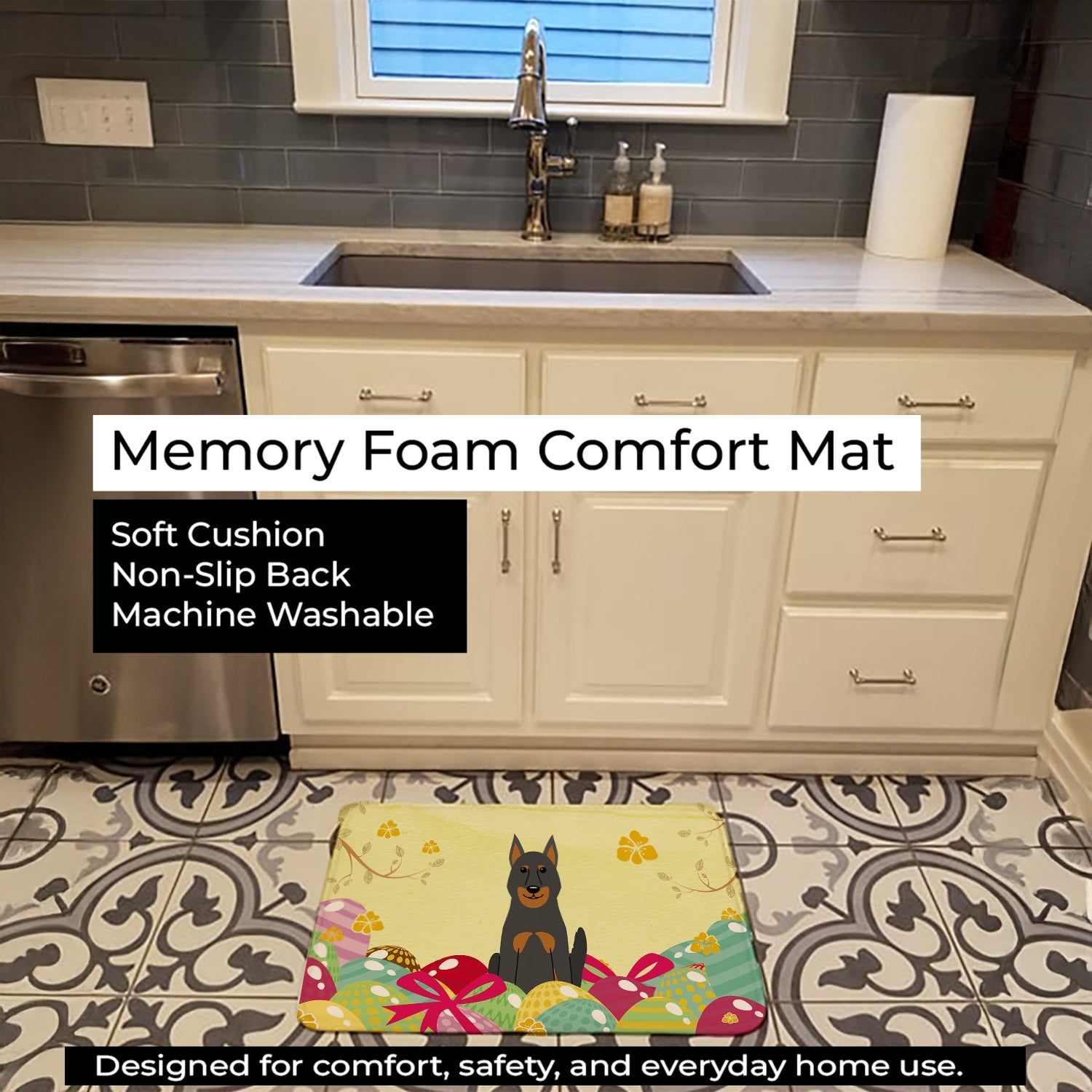 Easter Eggs Beauce Shepherd Dog Memory Foam Kitchen Mat Machine Washable Anti-Fatigue Cushion Comfort Bath or Kitchen Rug