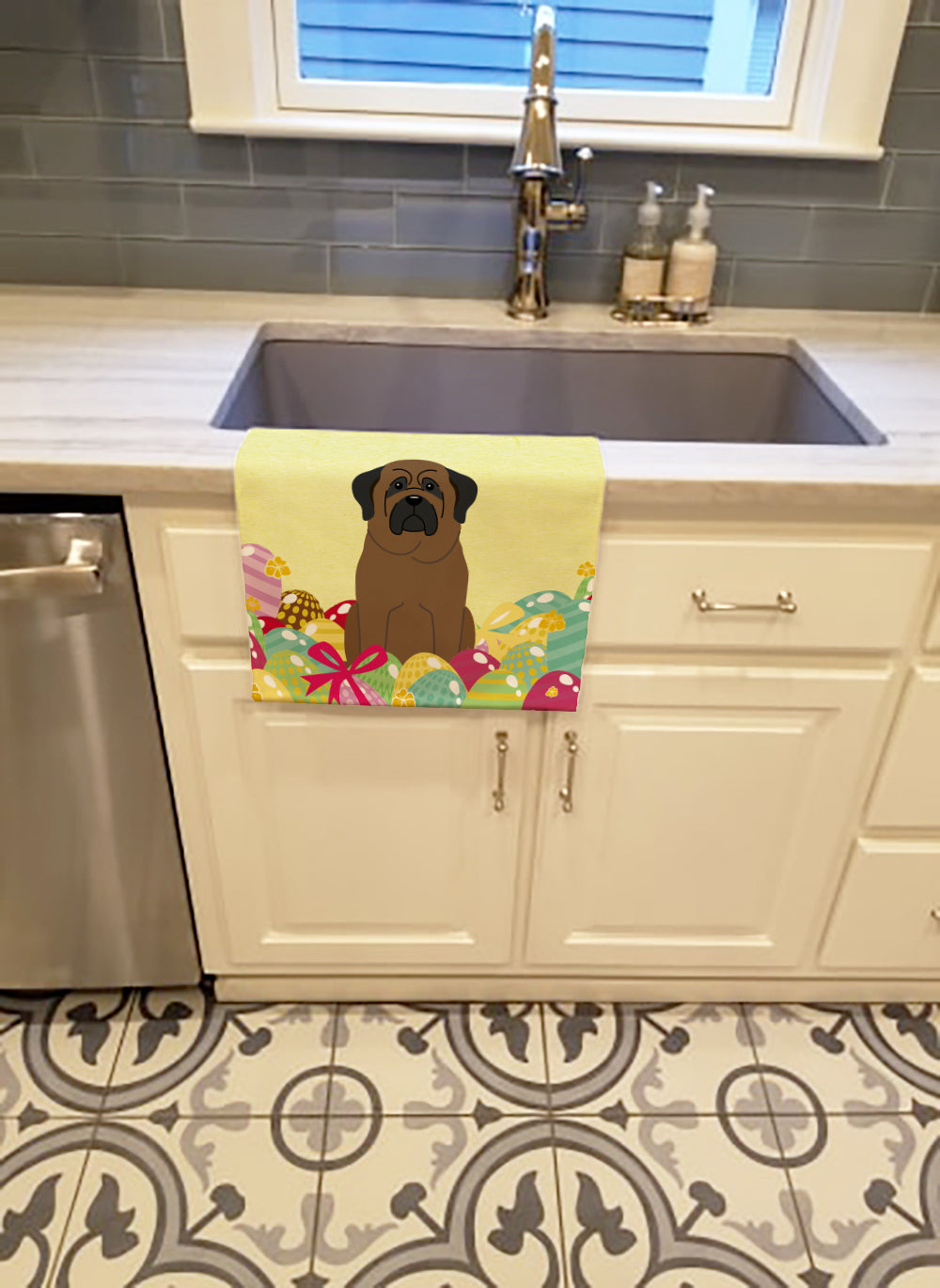Easter Eggs Bullmastiff Kitchen Towel Velour Plush Front and Cotton Loop Back Machine Washable