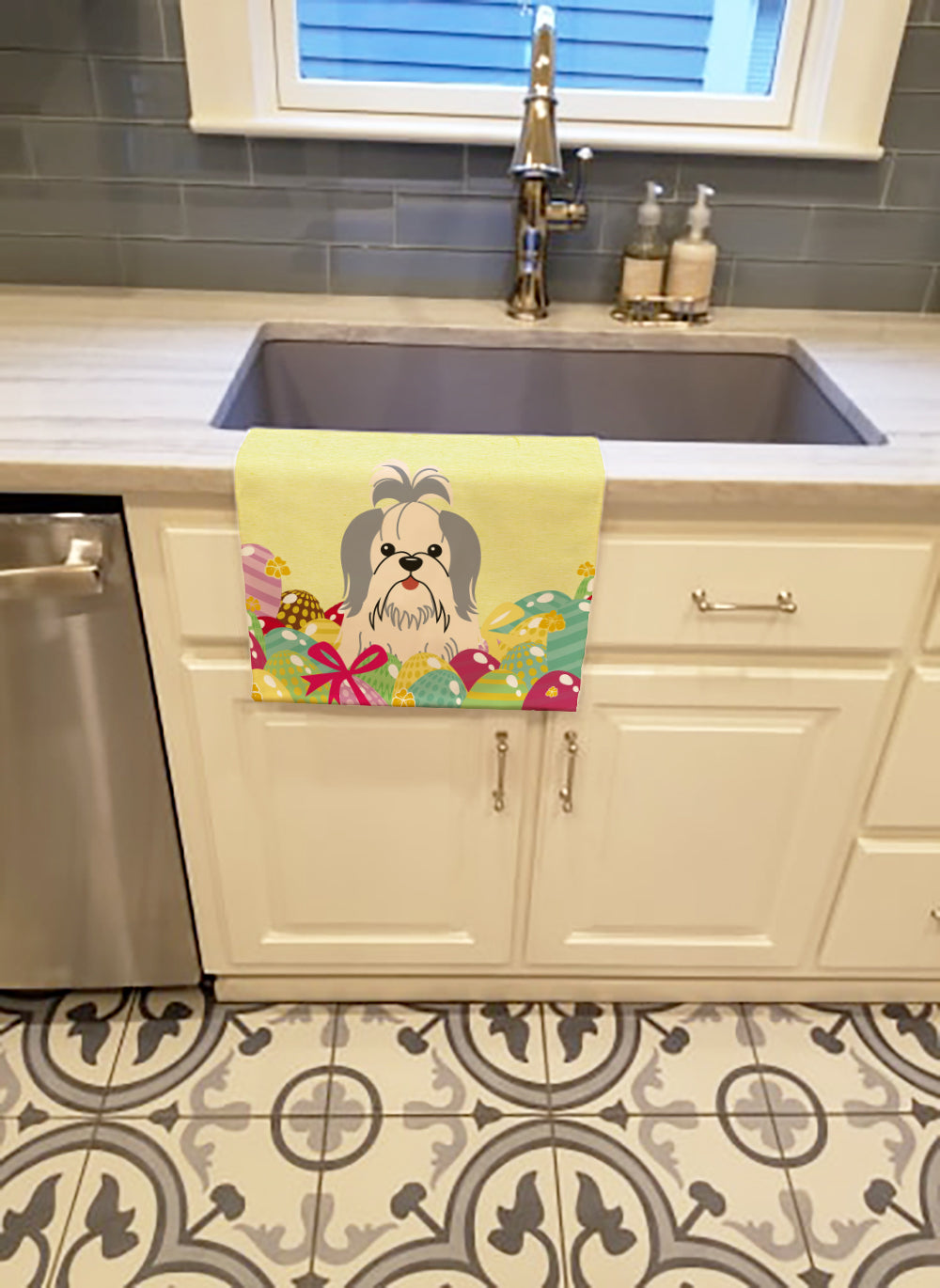 Easter Eggs Shih Tzu Silver White Kitchen Towel Velour Plush Front and Cotton Loop Back Machine Washable