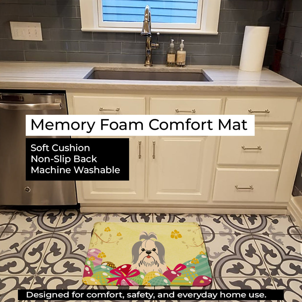 Easter Eggs Shih Tzu Silver White Memory Foam Kitchen Mat Machine Washable Anti-Fatigue Cushion Comfort Bath or Kitchen Rug