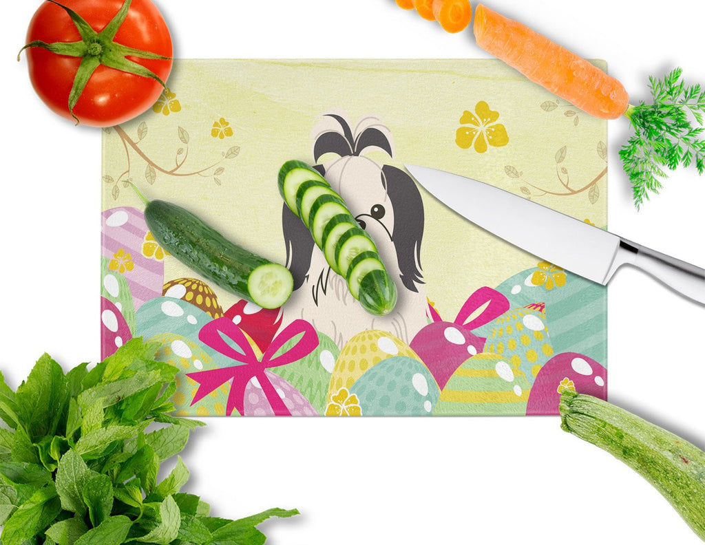 Easter Eggs Shih Tzu Black White Cutting Board Tempered Glass Kitchen Cutting Surface, Heat Resistant Chopping, Non-Slip Feet, Food Prep & Serving