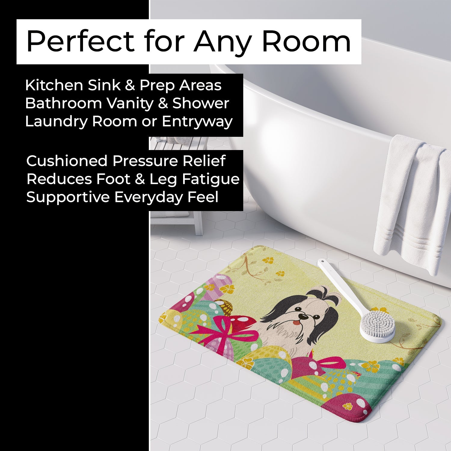 Easter Eggs Shih Tzu Black White Memory Foam Kitchen Mat Machine Washable Anti-Fatigue Cushion Comfort Bath or Kitchen Rug