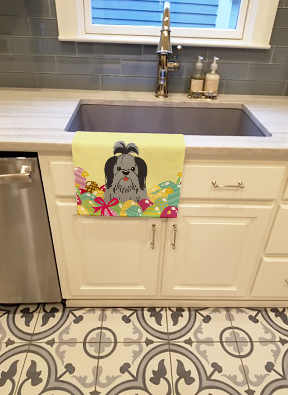 Easter Eggs Shih Tzu Black Silver Kitchen Towel Velour Plush Front and Cotton Loop Back Machine Washable