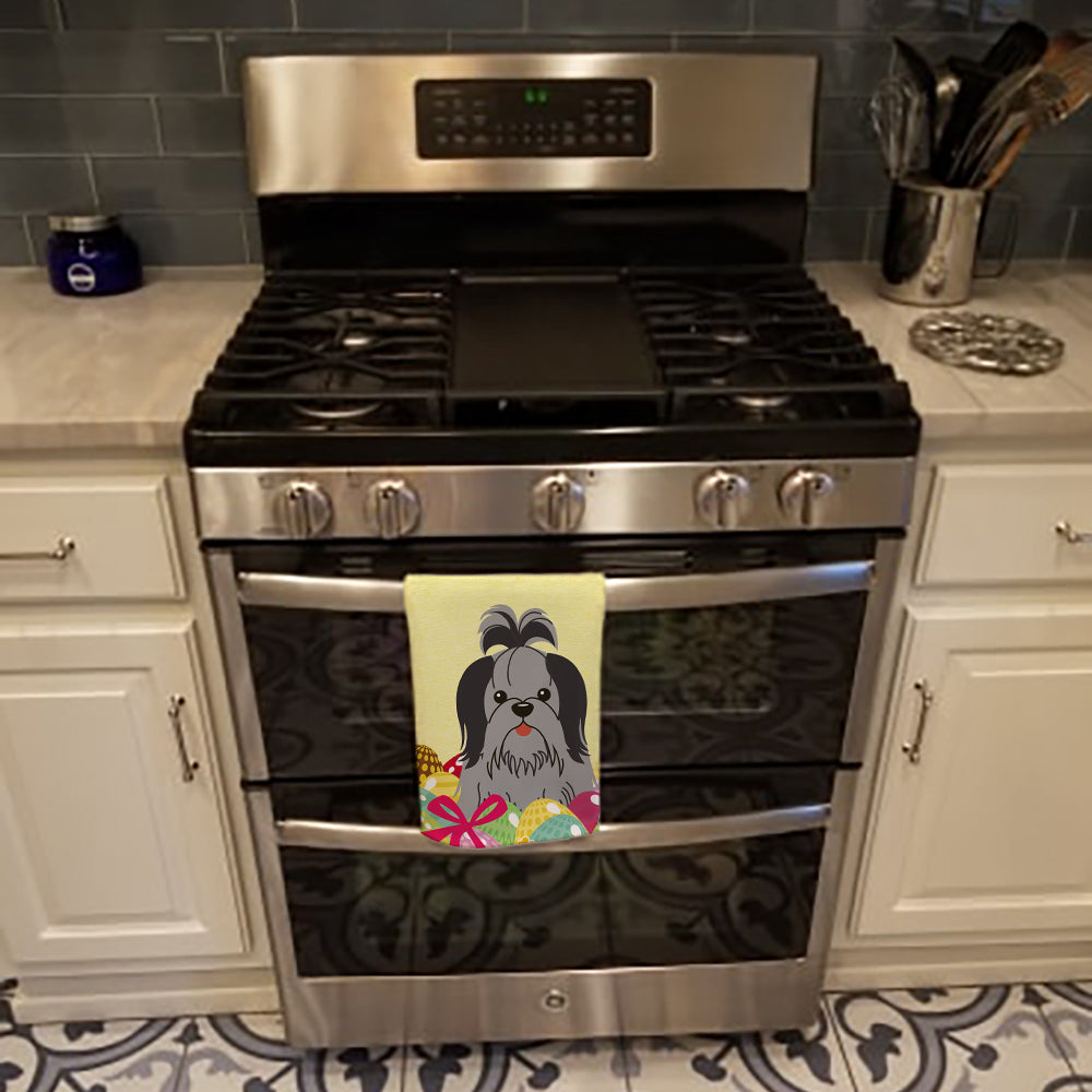 Easter Eggs Shih Tzu Black Silver Kitchen Towel Velour Plush Front and Cotton Loop Back Machine Washable