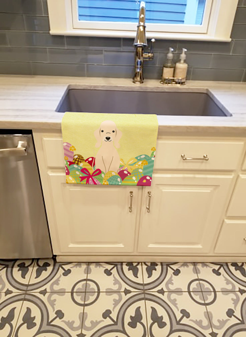 Easter Eggs Bedlington Terrier Sandy Kitchen Towel Velour Plush Front and Cotton Loop Back Machine Washable