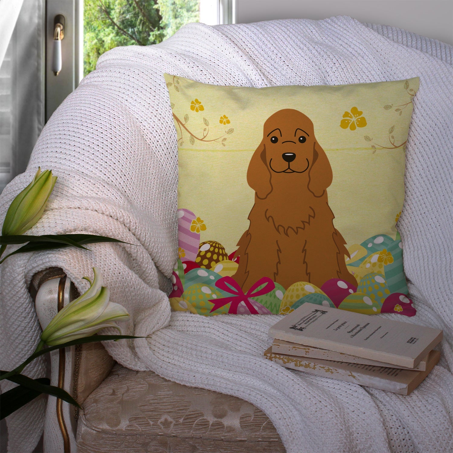 Easter Eggs Cocker Spaniel Red Decorative Throw Pillow 14x14 Indoor Outdoor Accent Cushion, Fabric Cover with Insert for Sofa, Bed, Porch & Living Room