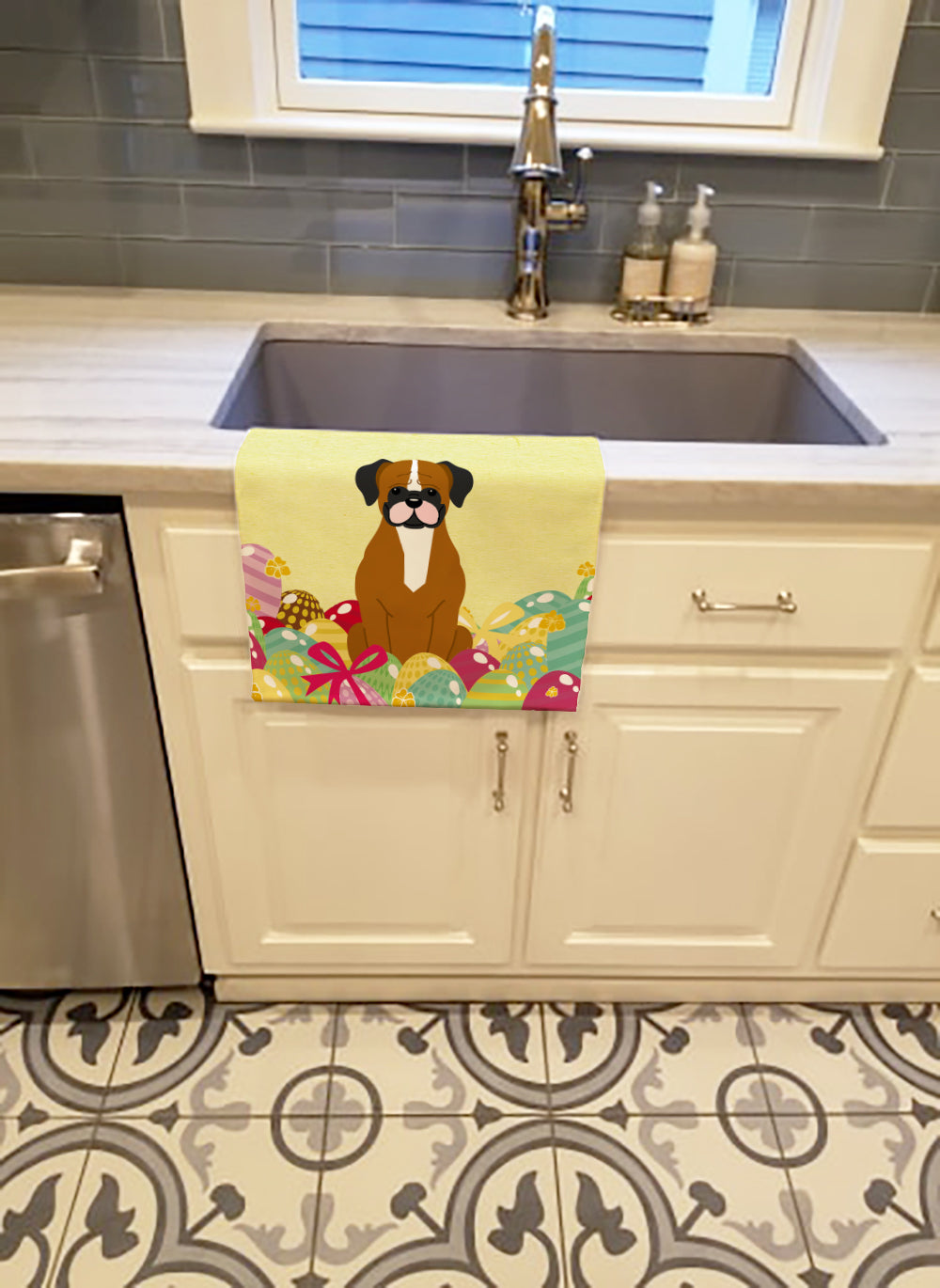 Easter Eggs Flashy Fawn Boxer Kitchen Towel Velour Plush Front and Cotton Loop Back Machine Washable