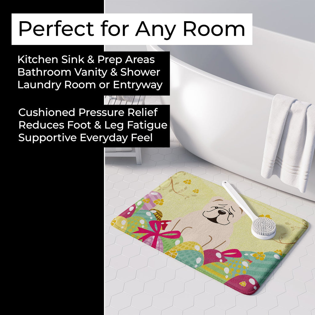 Easter Eggs English Bulldog White Memory Foam Kitchen Mat Machine Washable Anti-Fatigue Cushion Comfort Bath or Kitchen Rug