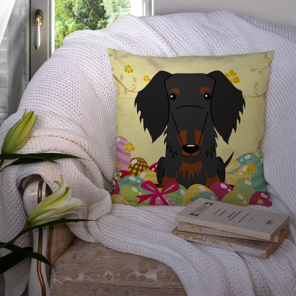 Easter Eggs Wire Haired Dachshund Black Tan Decorative Throw Pillow 14x14 Indoor Outdoor Accent Cushion, Fabric Cover with Insert for Sofa, Bed, Porch & Living Room