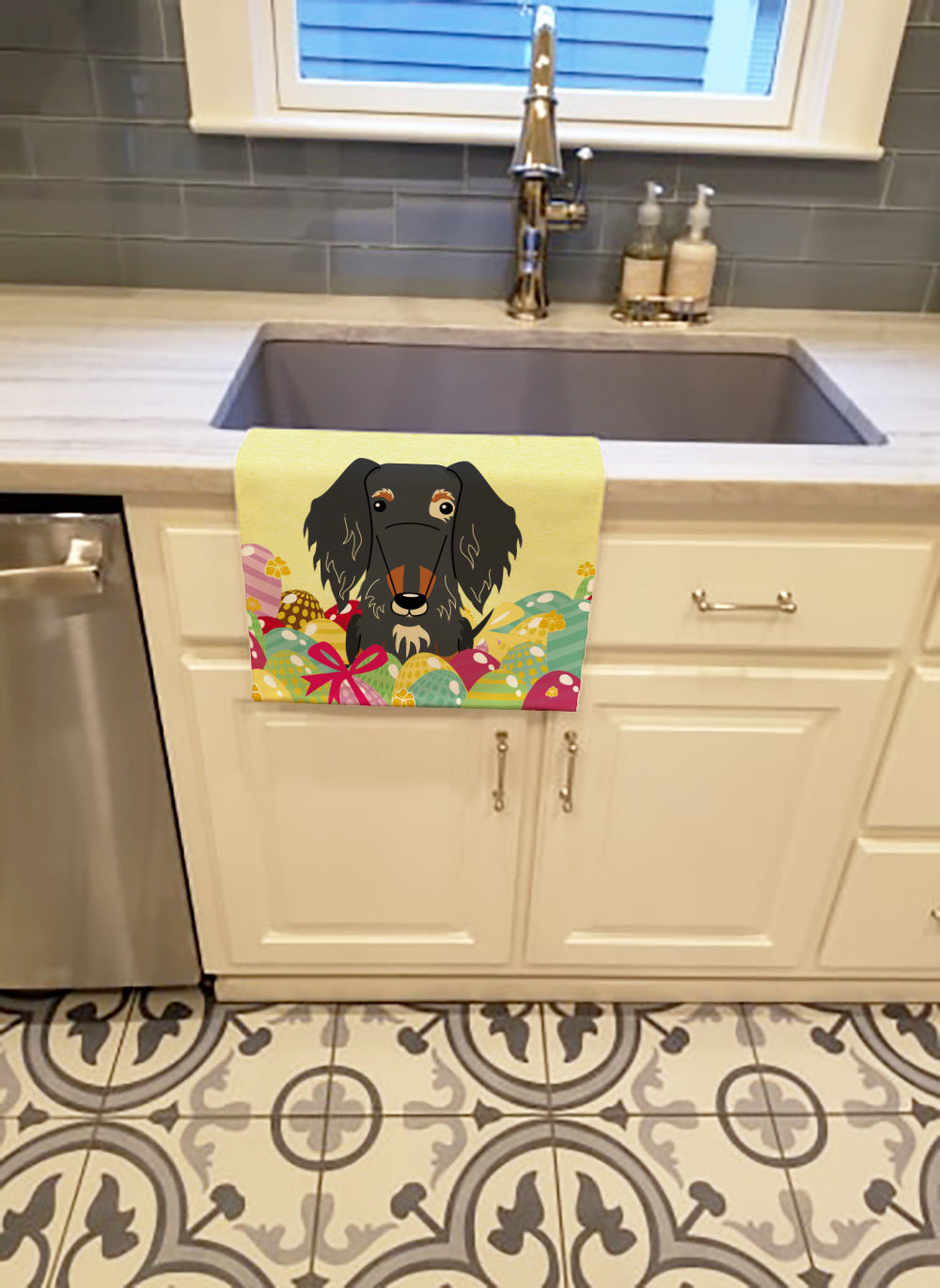Easter Eggs Wire Haired Dachshund Dapple Kitchen Towel Velour Plush Front and Cotton Loop Back Machine Washable