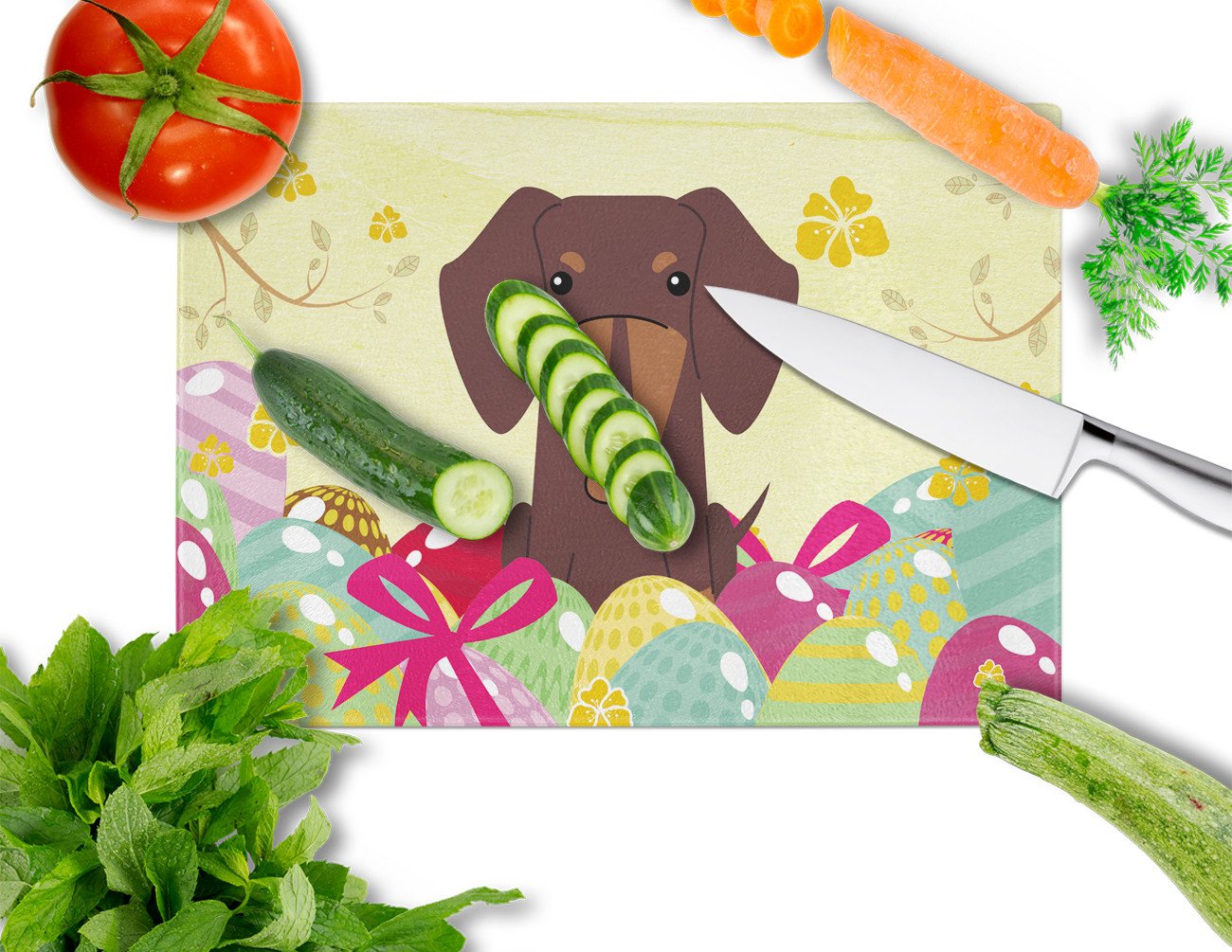 Easter Eggs Dachshund Chocolate Cutting Board Tempered Glass Kitchen Cutting Surface, Heat Resistant Chopping, Non-Slip Feet, Food Prep & Serving