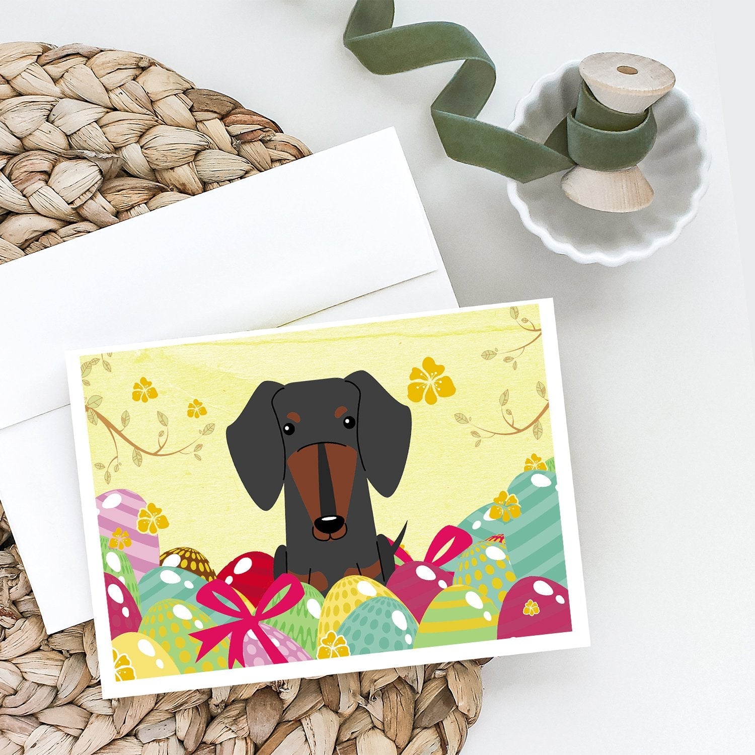 Easter Eggs Dachshund Black Tan Greeting Cards Pack of 8 Blank Cards with Envelopes Whimsical A7 Size 5x7