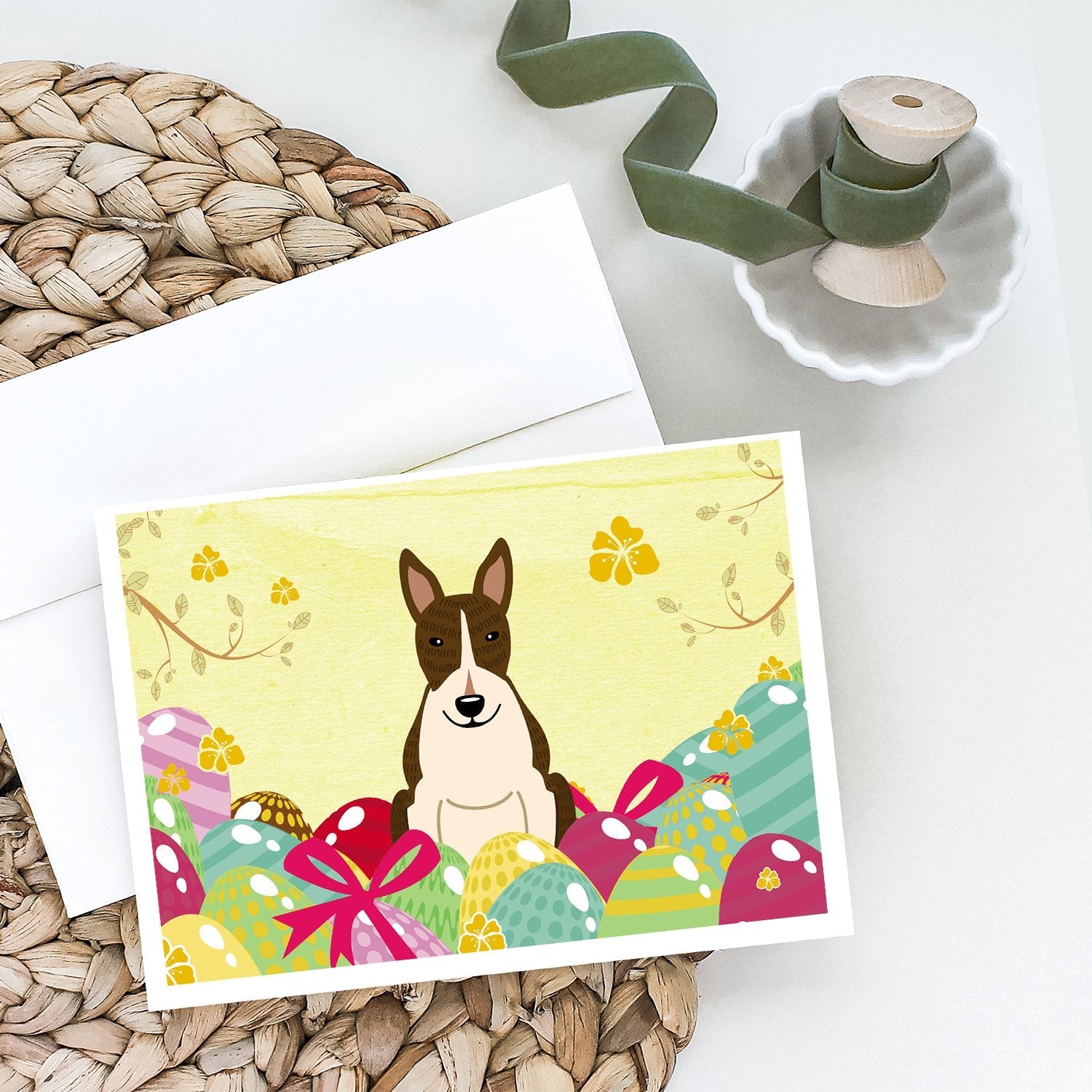 Easter Eggs Bull Terrier Dark Brindle Greeting Cards Pack of 8 Blank Cards with Envelopes Whimsical A7 Size 5x7
