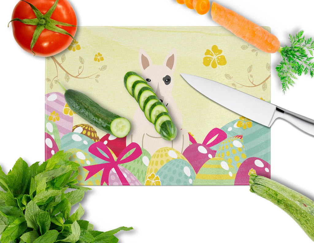 Easter Eggs Bull Terrier White Cutting Board Tempered Glass Kitchen Cutting Surface, Heat Resistant Chopping, Non-Slip Feet, Food Prep & Serving