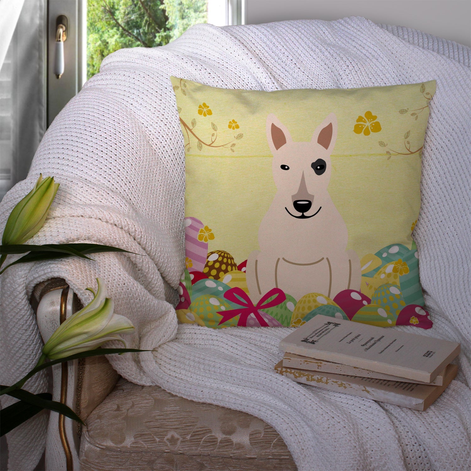 Easter Eggs Bull Terrier White Decorative Throw Pillow 14x14 Indoor Outdoor Accent Cushion, Fabric Cover with Insert for Sofa, Bed, Porch & Living Room