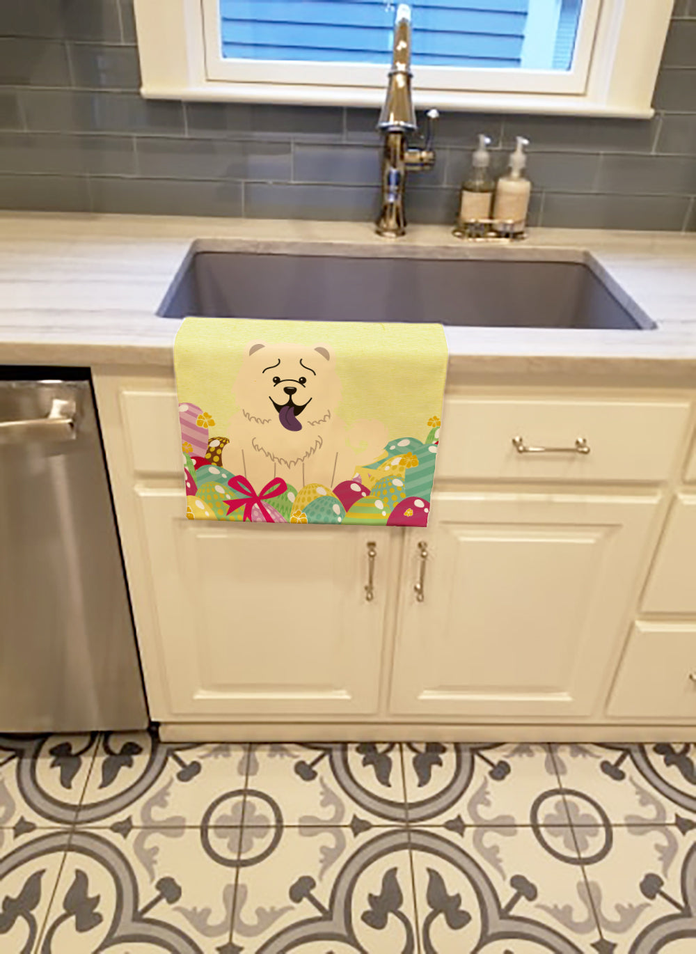 Easter Eggs Chow Chow White Kitchen Towel Velour Plush Front and Cotton Loop Back Machine Washable