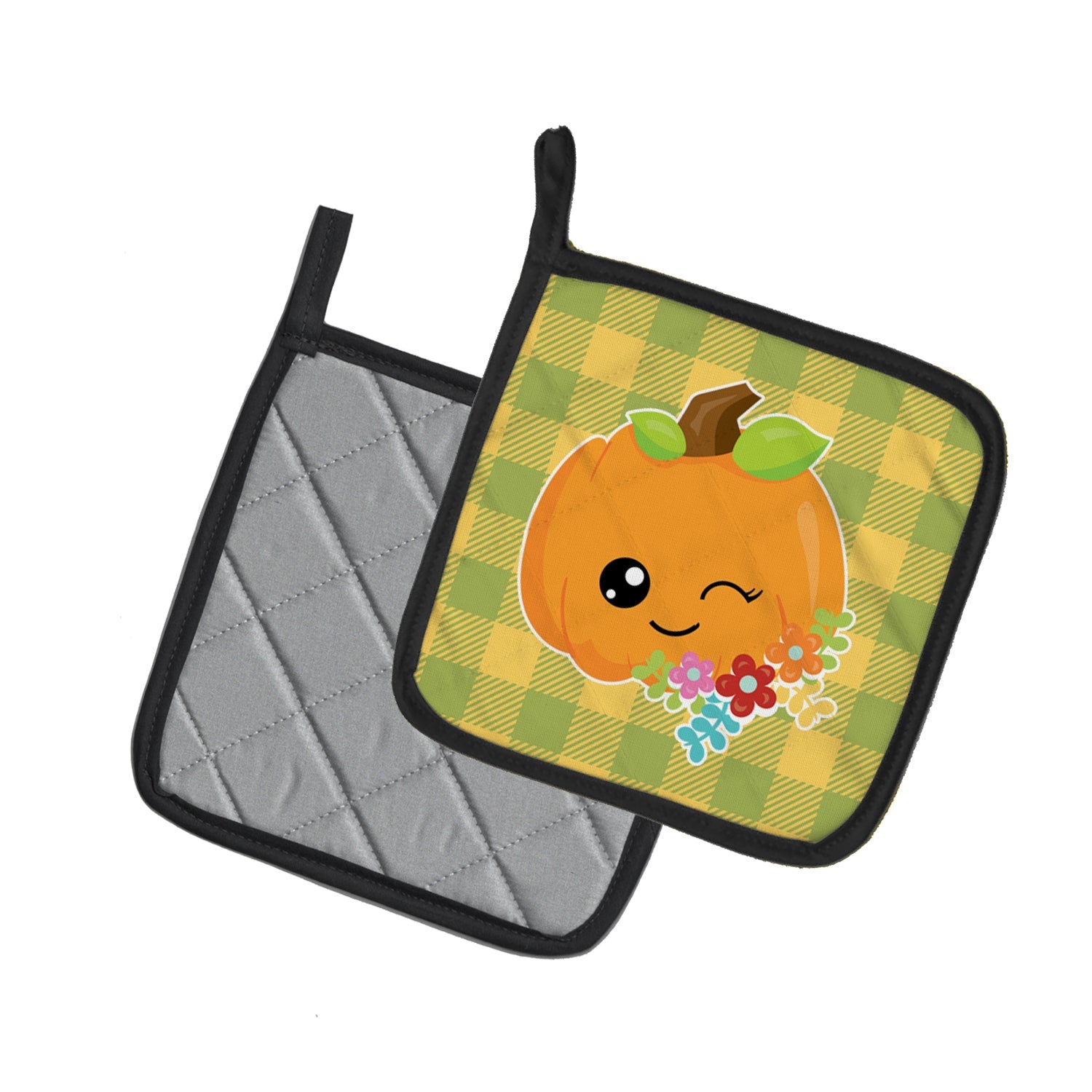 Mr. Winky Pumpkin Pot Holder Set of 2 Heat Resistant Quilted Hot Pads 7.5 x 7.5 Inch, Insulated Kitchen Trivets for Cooking & Baking