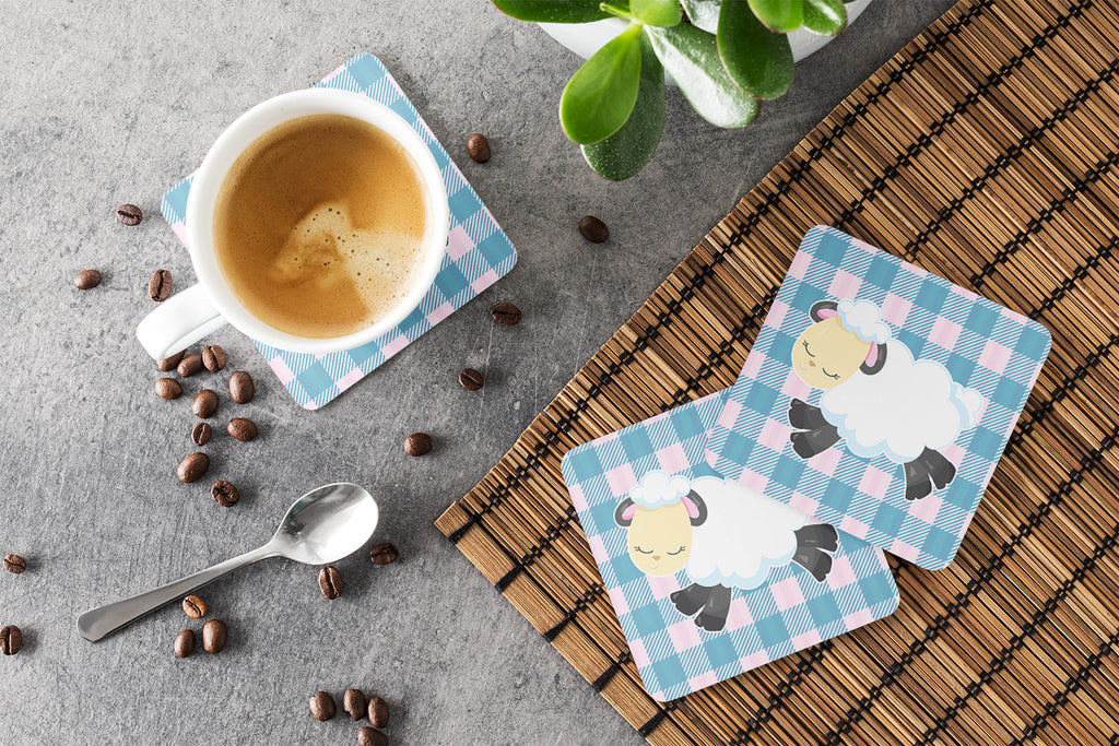 Sheep on Blue Gingham Foam Coasters Set of 4 Cup Coasters for Indoor Outdoor, Tabletop Protection, Anti Slip, Mouse pad Material